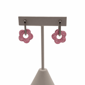 Créoles Rectangles Fleur Rose Pailleté Argenté
