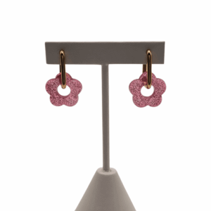 Créoles Rectangles Fleur Rose Pailleté Doré