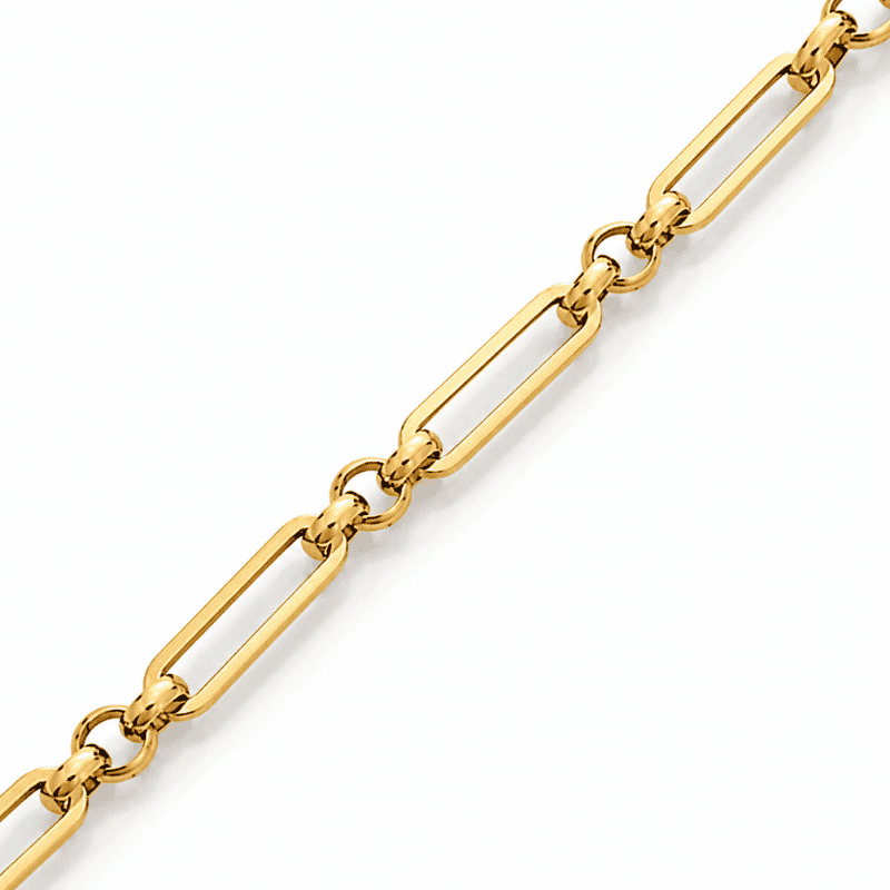 Les Paulinas, détail des maillons du bracelet Paulina Singulière doré Gros plan sur les maillons dorés du bracelet Paulina Singulière en acier inoxydable Les Paulinas