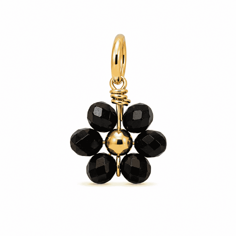 Les Paulinas, charm fleur perle noire doré en acier inoxydable Charm fleur perle noire doré en acier inoxydable avec perle noire, pour bijou personnalisable Les Paulinas