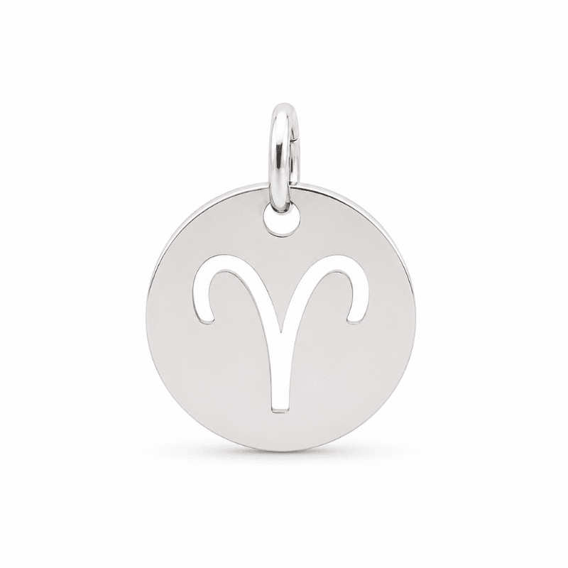 Les Paulinas, charm médaille astrologique Bélier argenté en acier inoxydable Charm médaille astrologique Bélier argenté en acier inoxydable avec symbole du signe du zodiaque, pour bijou personnalisable Les Paulinas