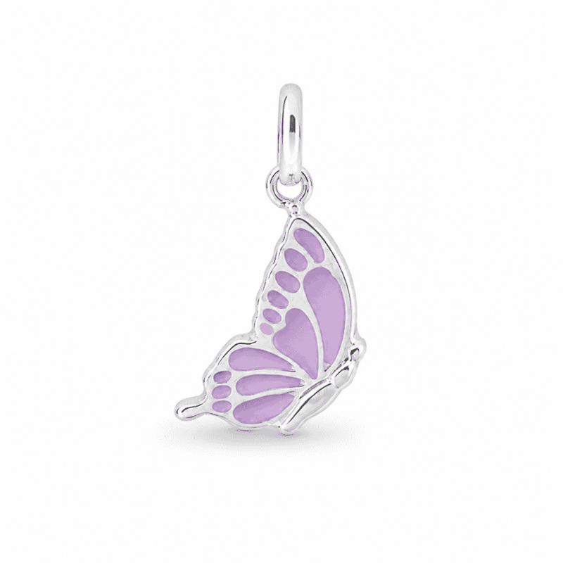Les Paulinas, charm papillon mauve argenté en acier inoxydable Charm papillon mauve argenté en acier inoxydable avec émail mauve, pour bijou personnalisable Les Paulinas