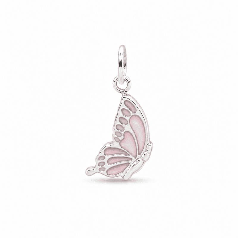 Les Paulinas, charm papillon rose argenté en acier inoxydable Charm papillon rose argenté en acier inoxydable avec émail rose, pour bijou personnalisable Les Paulinas