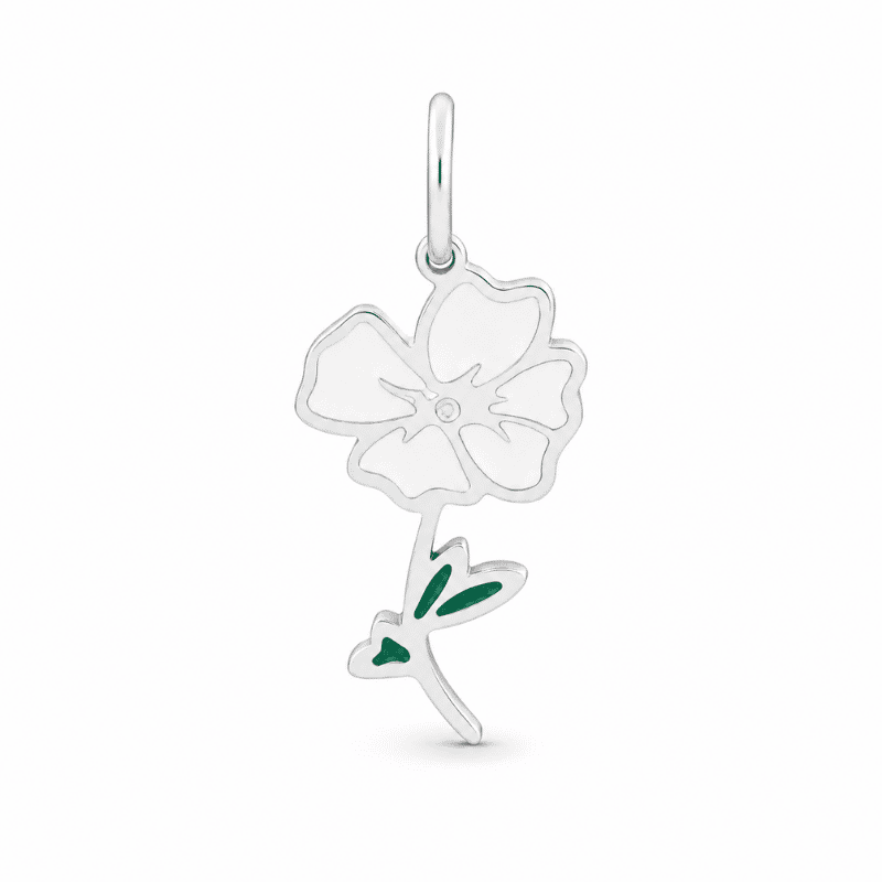 Les Paulinas, charm fleur de naissance août argenté en acier inoxydable Charm fleur de naissance août argenté en acier inoxydable avec fleur blanche et feuilles vertes, pour bijou personnalisable Les Paulinas