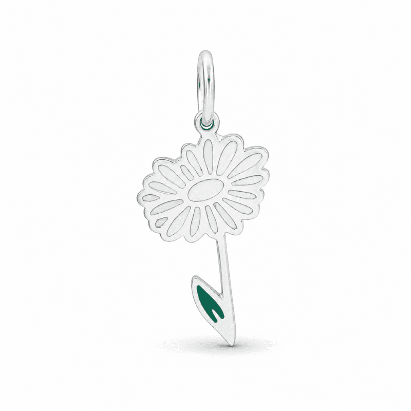 Les Paulinas, charm fleur de naissance avril argenté en acier inoxydable Charm fleur de naissance avril argenté en acier inoxydable en forme de marguerite blanche avec feuille verte, pour bijou personnalisable Les Paulinas