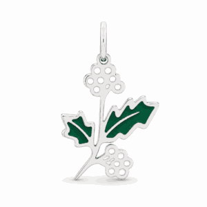 Charm fleur de naissance décembre argenté en acier inoxydable représentant une branche de houx avec baies blanches et feuilles vertes, pour bijou personnalisable Les Paulinas