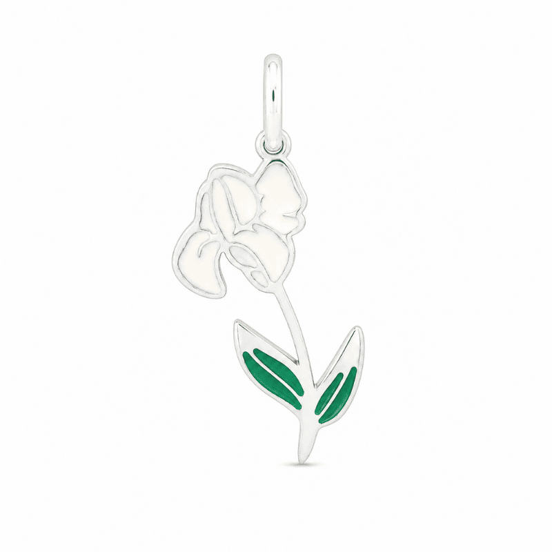 Les Paulinas, charm fleur de naissance février argenté en acier inoxydable Charm fleur de naissance février argenté en acier inoxydable avec fleur blanche et feuilles vertes, pour bijou personnalisable Les Paulinas