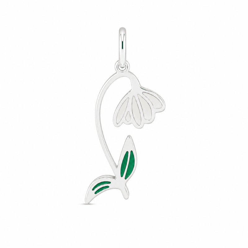 Les Paulinas, charm fleur de naissance janvier argenté en acier inoxydable Charm fleur de naissance janvier argenté en acier inoxydable avec fleur blanche et feuilles vertes, pour bijou personnalisable Les Paulinas