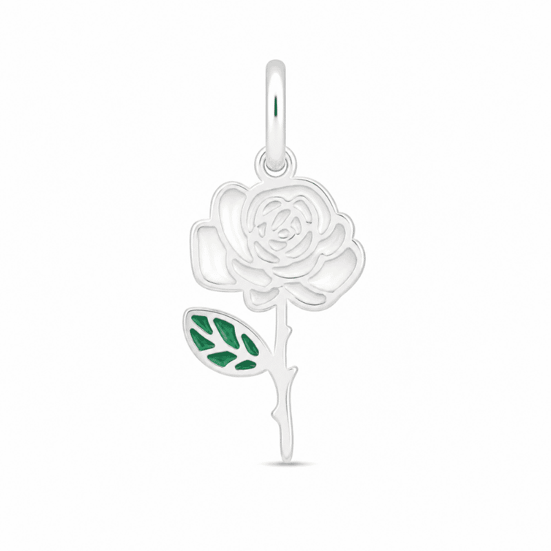 Les Paulinas, charm fleur de naissance juin argenté en acier inoxydable Charm fleur de naissance juin argenté en acier inoxydable avec fleur blanche et feuilles vertes, pour bijou personnalisable Les Paulinas