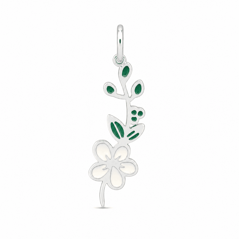 Les Paulinas, charm fleur de naissance mai argenté en acier inoxydable Charm fleur de naissance mai argenté en acier inoxydable avec fleur blanche et feuilles vertes, pour bijou personnalisable Les Paulinas