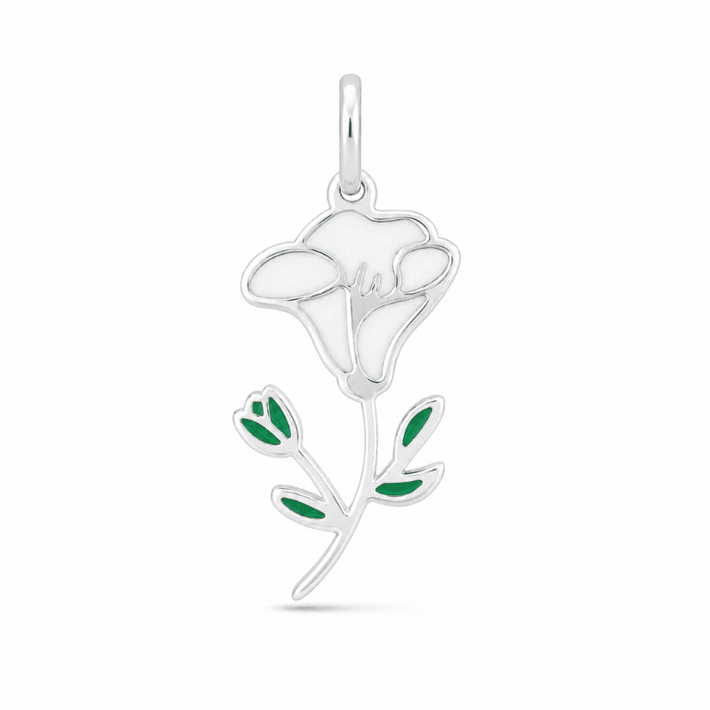 Les Paulinas, charm fleur de naissance septembre argenté en acier inoxydable Charm fleur de naissance septembre argenté en acier inoxydable avec fleur blanche et feuilles vertes, pour bijou personnalisable Les Paulinas