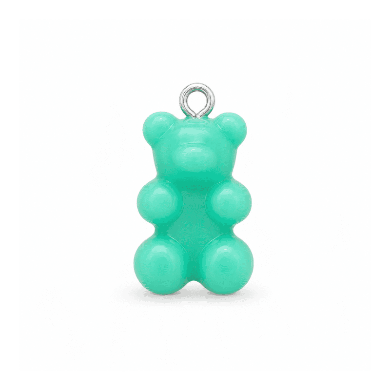 Les Paulinas, charm nounours opaque bleu vert argenté en acier inoxydable Charm nounours opaque bleu vert avec anneau argenté en acier inoxydable, pour bijou personnalisable Les Paulinas
