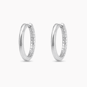 Paire de boucles d'oreilles Paulina Distinguée argentées en acier inoxydable, vue d'ensemble côté lisse, personnalisables avec des fleurs créoles interchangeables Les Paulinas