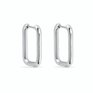 Boucles d'oreilles Paulina Exceptionnelle créoles rectangle argentées en acier inoxydable, vue de profil, base personnalisable avec fleurs interchangeables Les Paulinas