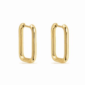 Boucles d'oreilles Paulina Exceptionnelle créoles rectangle dorées en acier inoxydable, vue de profil, base personnalisable Les Paulinas