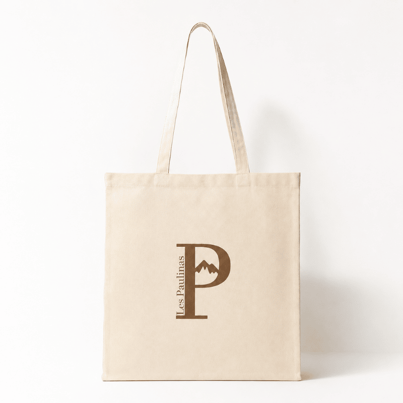 Les Paulinas, tote bag beige avec logo marron en coton Tote bag beige en coton avec logo Les Paulinas marron, sac en toile élégant et minimaliste pour transporter vos bijoux et accessoires