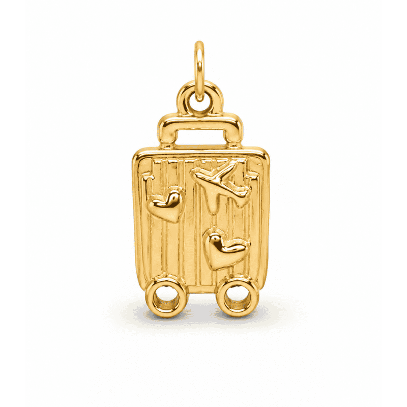 Les Paulinas, charm valise doré en acier inoxydable Charm valise doré en acier inoxydable pour bijou personnalisable Les Paulinas.