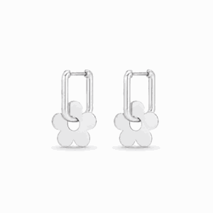 Paire de créoles rectangulaires argentées Paulina Exceptionnelle en acier inoxydable avec fleur, boucles d’oreilles personnalisables Les Paulinas