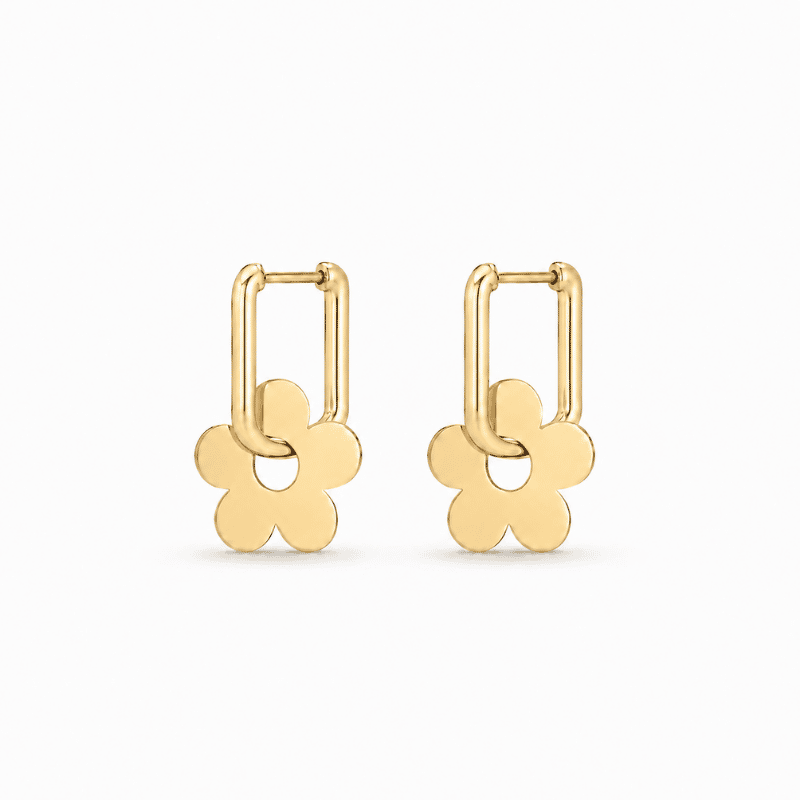 Les Paulinas, créoles rectangulaires dorées Paulina Exceptionnelle en acier inoxydable avec fleur Paire de créoles rectangulaires dorées Paulina Exceptionnelle en acier inoxydable avec fleur, boucles d’oreilles personnalisables Les Paulinas
