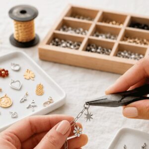 Atelier de création de bijoux personnalisables Les Paulinas avec assemblage de charms et chaîne