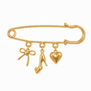 Broche à charms dorée en acier inoxydable avec charms nœud, talon et cœur, pour bijou personnalisable Les Paulinas