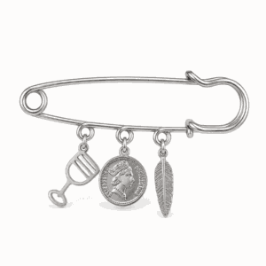 Broche à charms argentée en acier inoxydable avec verre de vin, pièce de monnaie et plume, pour bijou personnalisable Les Paulinas