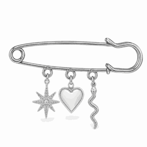 Broche à charms argentée en acier inoxydable avec étoile polaire texturée, cœur et serpent, pour bijou personnalisable Les Paulinas